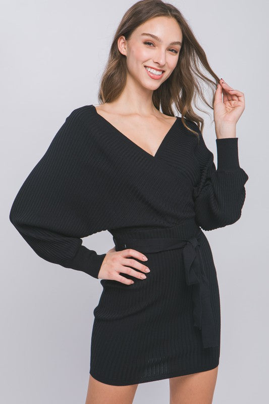 STYLED BY ALX COUTURE MIAMI BOUTIQUE Black Off Shoulder Wrap Belted Ribbed Knit Dress