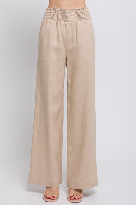 Khaki Linen Pants with Smocked Waist