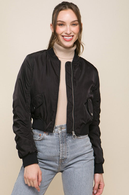 STYLED BY ALX COUTURE MIAMI BOUTIQUE Black Zip Up Bomber Jacket With Sleeve Zipper Detail