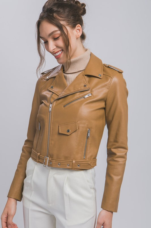 STYLED BY ALX COUTURE MIAMI BOUTIQUE Camel Faux Leather Zip Up Biker Jacket