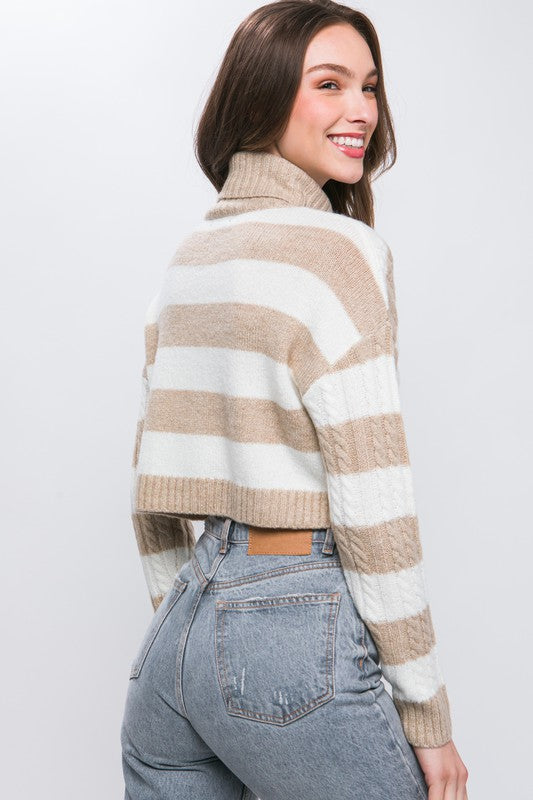 STYLED BY ALX COUTURE MIAMI BOUTIQUE Oatmeal Turtleneck Striped Knit Cropped Sweater