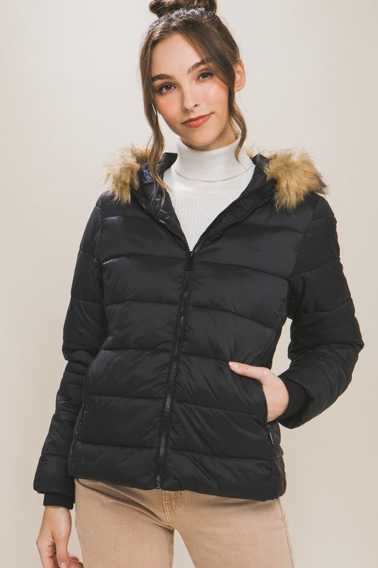 STYLED BY ALX COUTURE MIAMI BOUTIQUE Black Puffer Jacket With Faux Fur Hoodie Lining