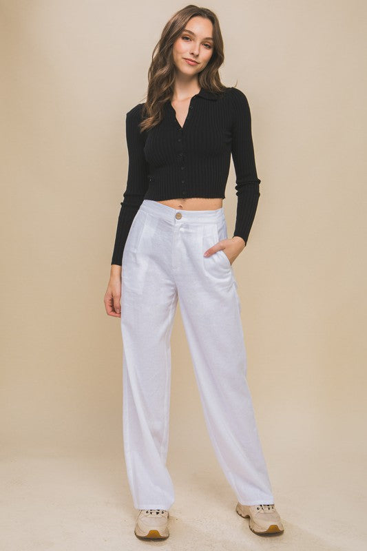 model is wearing White Linen Front Creased Pants