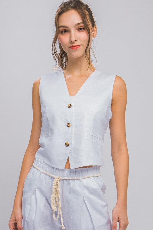 model is wearing White Linen Button Down Vest Top 