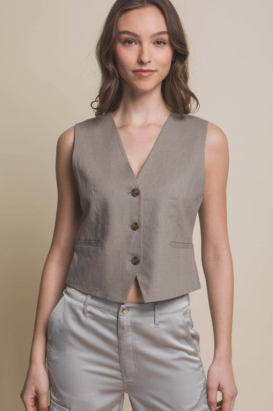 model is wearing Greystone Linen Button Down Vest Top 