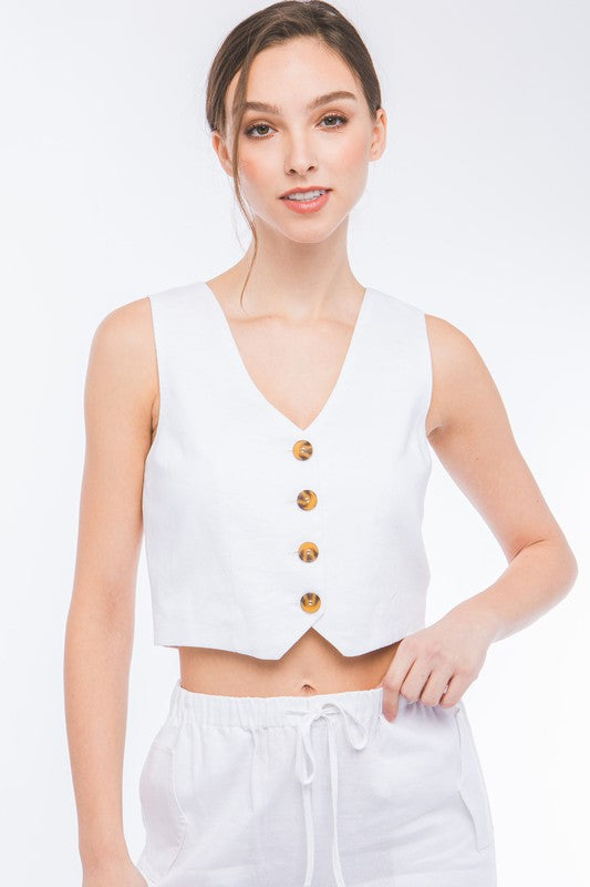 model is wearing White Linen Buttoned Vest Top 