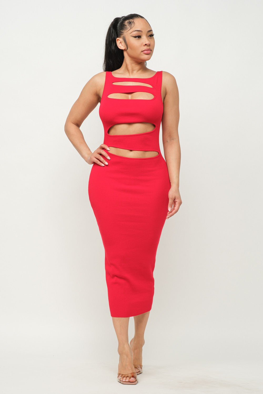 Red Sleeveless Cut-Out Front Midi Dress Red Sleeveless Cut-Out Front Midi Dress