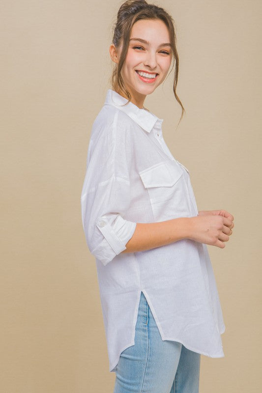 White Linen Oversized Double Pocket Shirt
