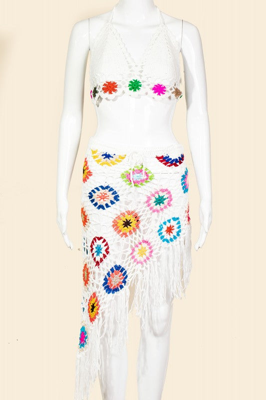 STYLED BY ALX COUTURE MIAMI BOUTIQUE Ivory Floral Embroidered Fringe Two Piece Cover Up 