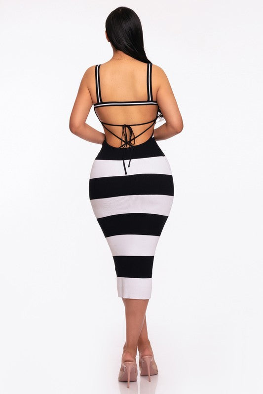 back of the Black White Stripe Stretchy Knit Midi Dress 