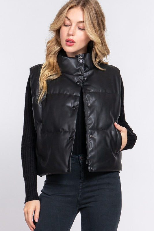 STYLED BY ALX COUTURE MIAMI BOUTIQUE Black High Neck Quilted PU Puffer Vest 