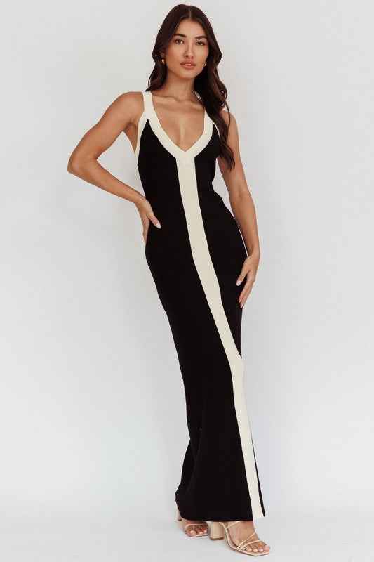 model is wearing Black Two Tone V Neckline Maxi Dress  with beige sandals