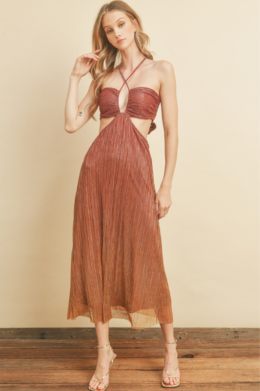 STYLED BY ALX COUTURE MIAMI BOUTIQUE Rust gold shimmer cutout midi dress with back tie up 