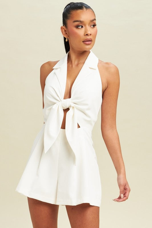 STYLED BY ALX COUTURE MIAMI BOUTIQUE White Halter Tie Front Playsuit 