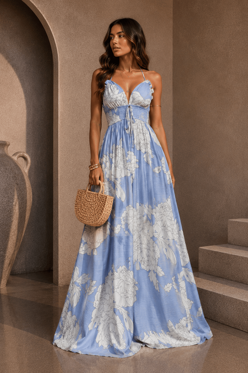 Baby Blue & White Halter Floral Maxi Dress – STYLED BY ALX COUTURE
