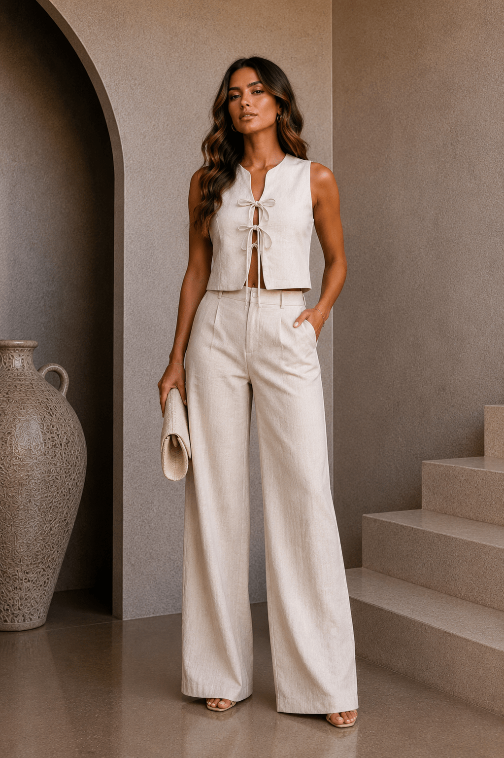 Beige Tie Front Vest Pant Set | ALX Couture – STYLED BY ALX COUTURE