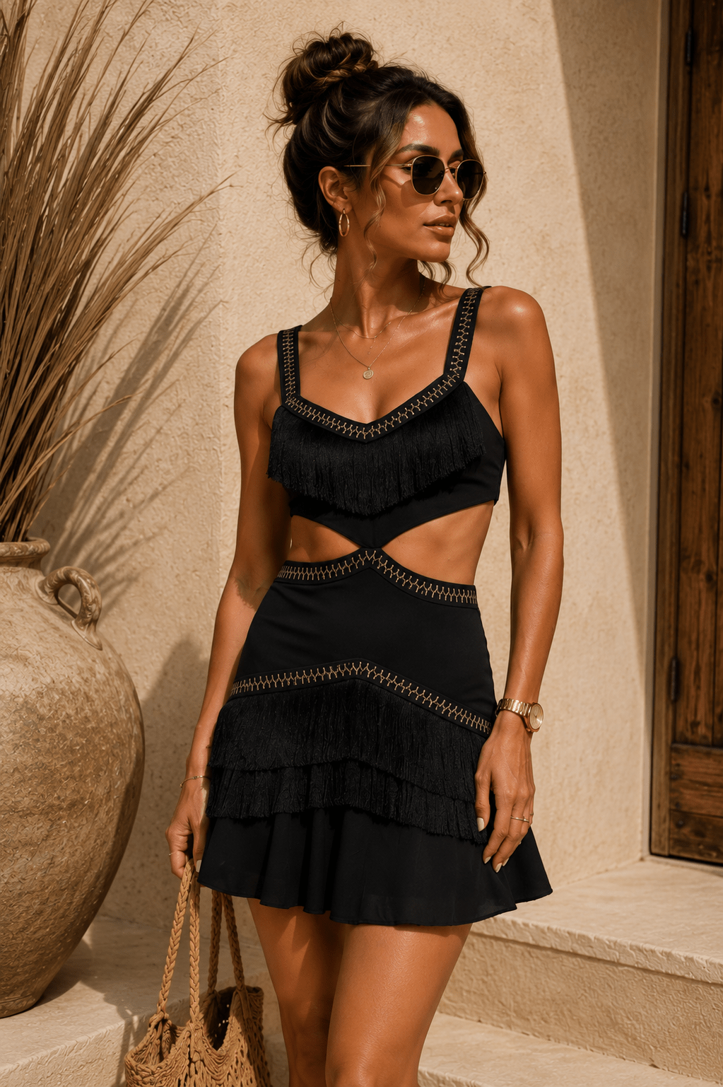 Black Fringe Ruffle Cut Out Mini Dress