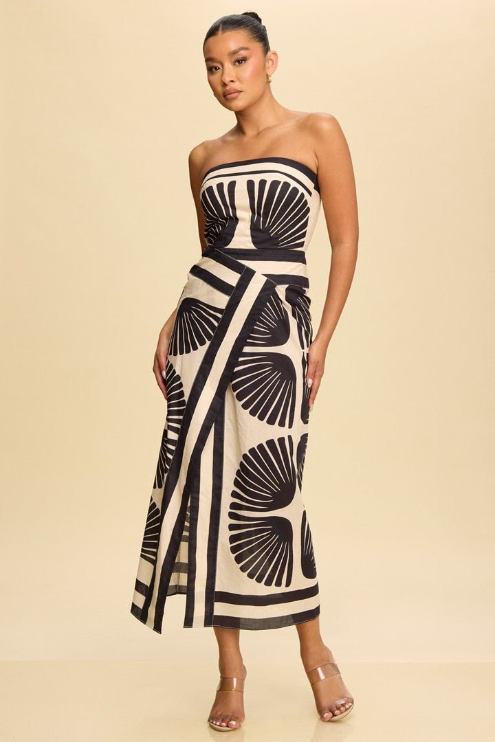 Black & Beige Strapless Tropical Wrap Midi Dress – STYLED BY ALX COUTURE