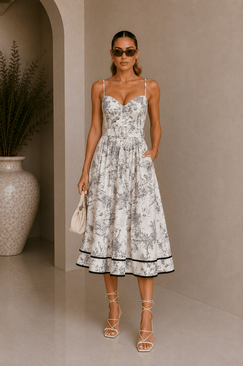 Black & Ivory Jungle Print Belted Midi Dress