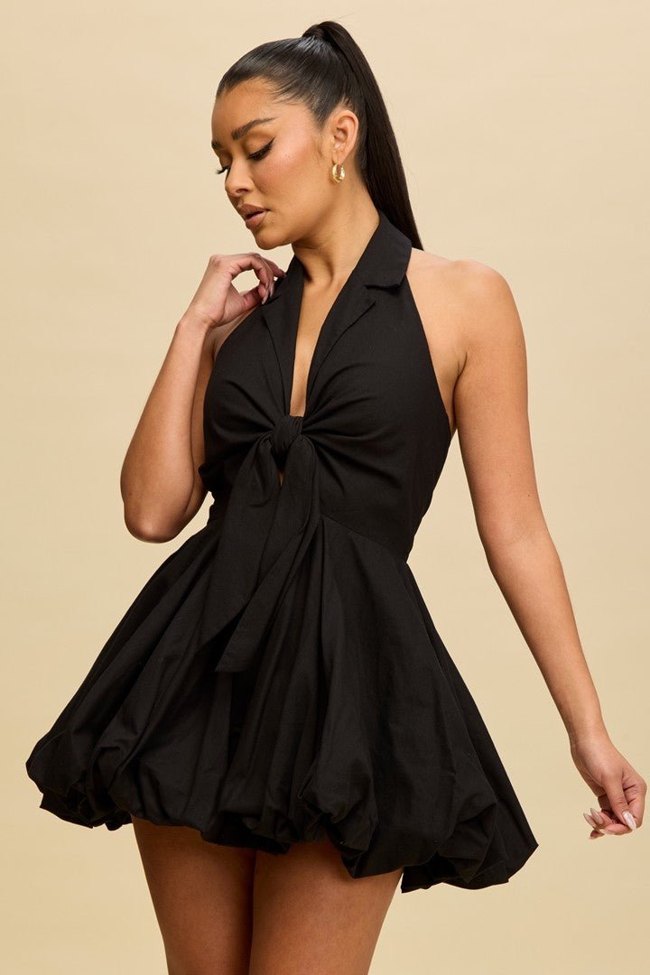 Black Linen Tie Front Bubble Mini Dress – STYLED BY ALX COUTURE