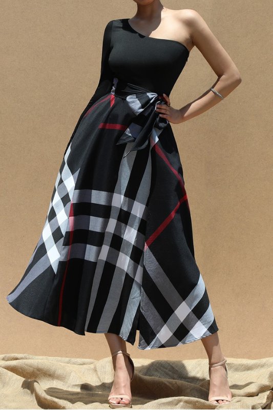 Black Plaid One Shoulder Midi Dress – STYLED BY ALX COUTURE
