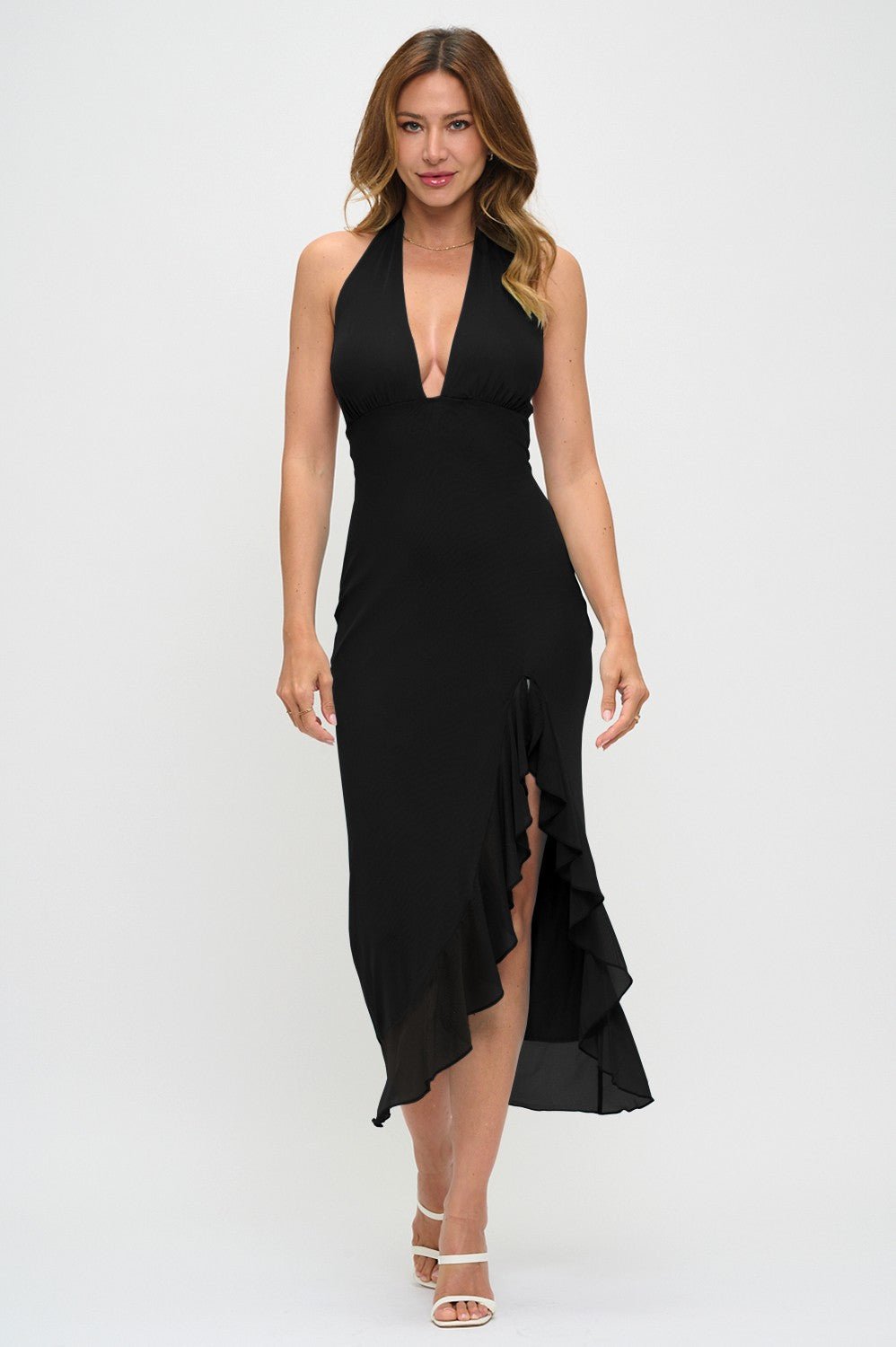 Black Plunging Halter Ruffle Slit Maxi Dress Black Plunging Halter Ruffle Slit Maxi Dress