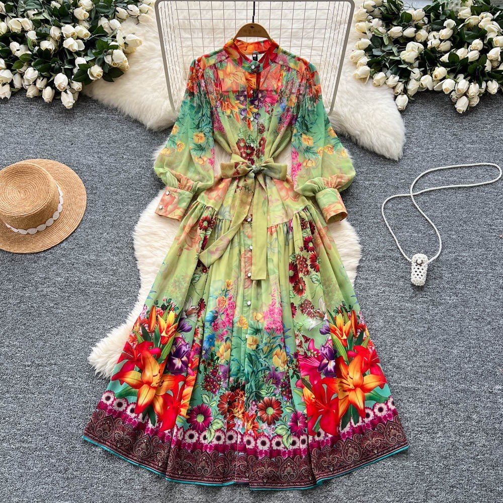 white christmas dresses Colorful Multi Printed Balloon Sleeve Midi Dress