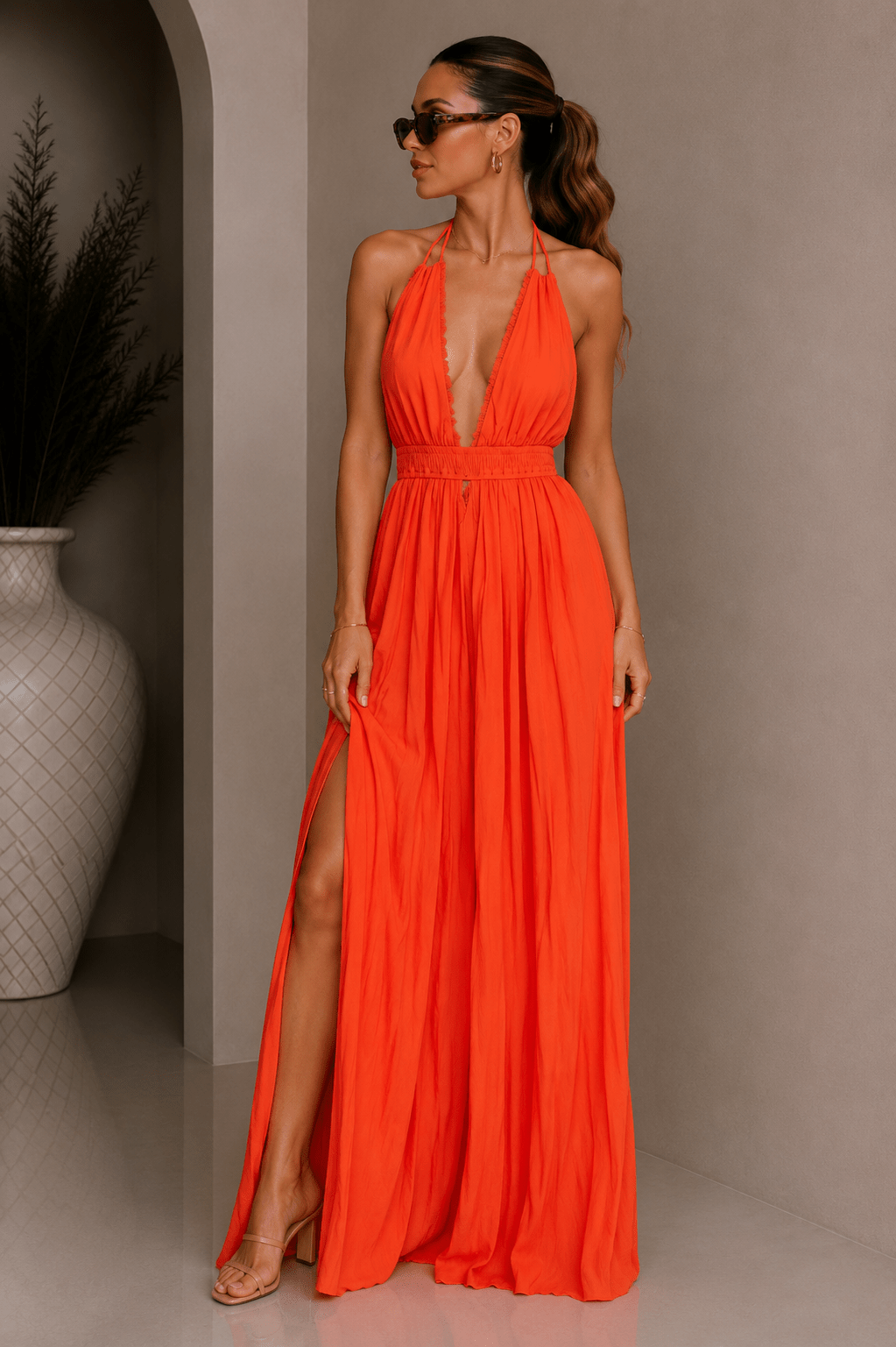 coral flowy dress Halter Maxi – STYLED BY ALX COUTURE Plus Size Christmas Cocktail Hudson Valley Bed ready look Sleeveless design Size:P