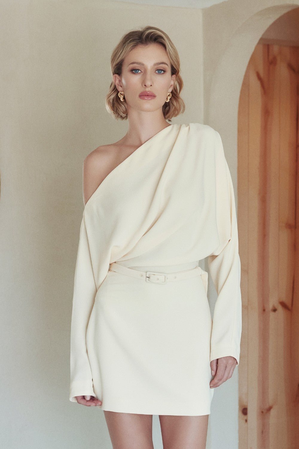 white christmas dresses Cream Draped Belted Mini Dress