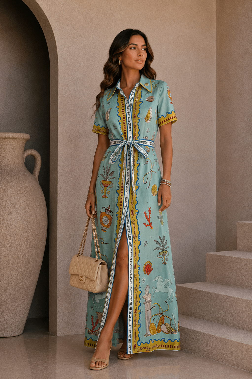Greek Print Belted Maxi Dress