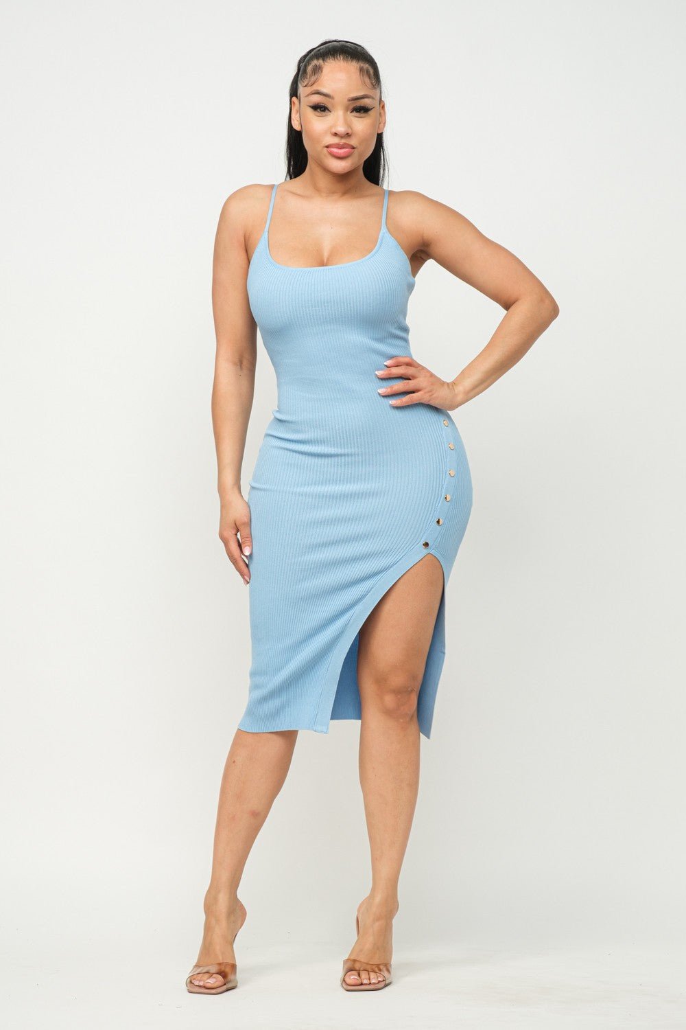 Light Blue Tank Snap Side Midi Dress