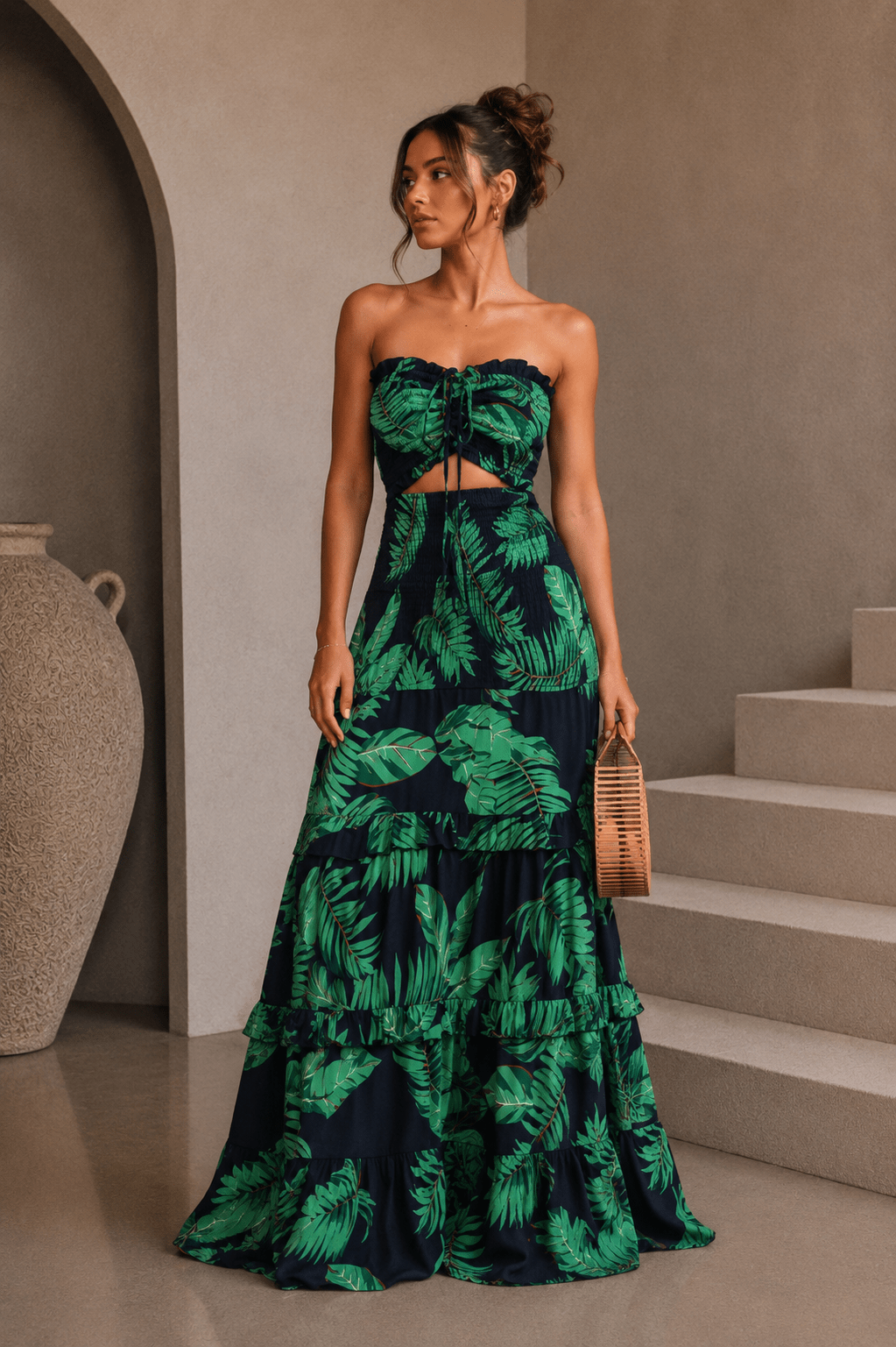 Navy Blue & Palm Print Maxi Dress