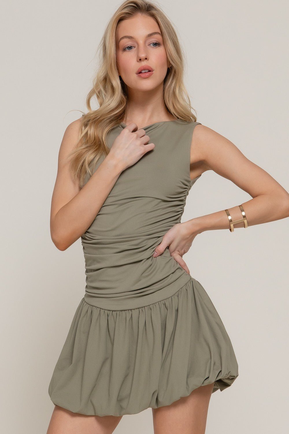 Olive Green Boat Neck Voluminous Mini Dress – STYLED BY ALX COUTURE