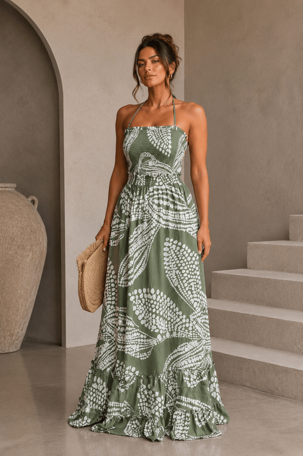 Olive Green Boho Tiered Maxi Dress