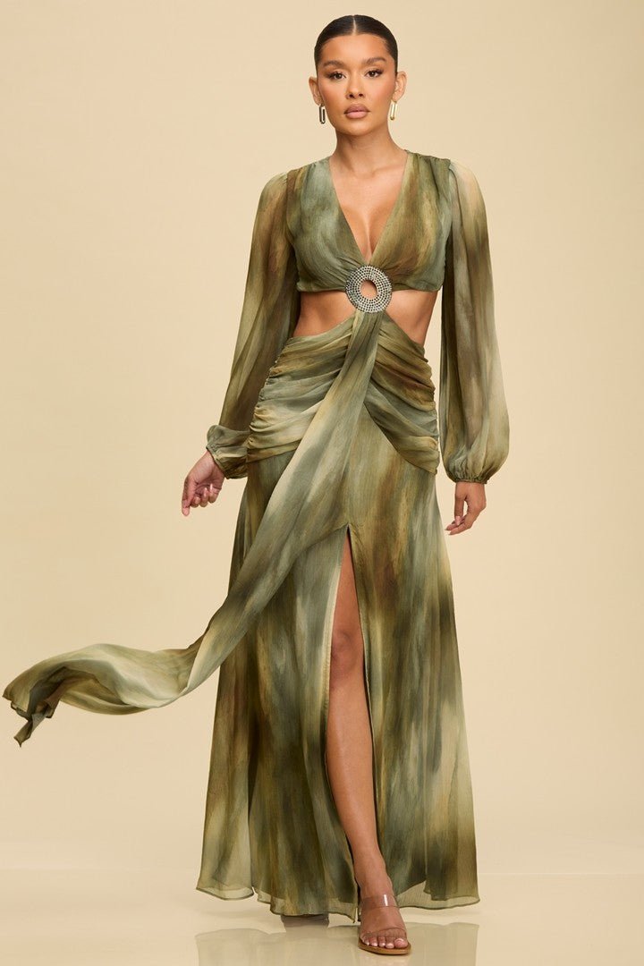 Olive Ombre Metallic Cut Out Long Dress Olive Ombre Metallic Cut Out Long Dress