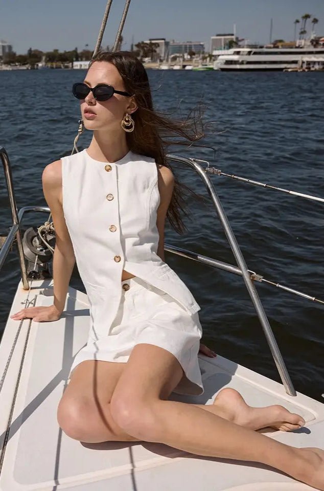 White Denim Vest Style Top & Wide Shorts Set