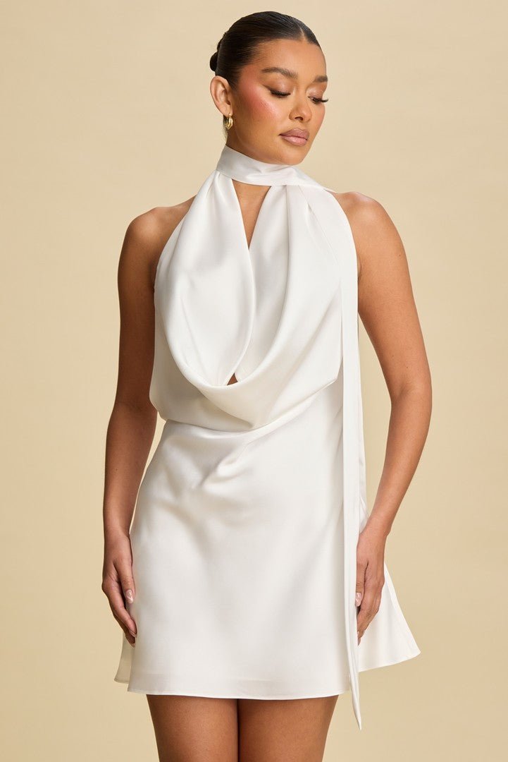 White Drape Satin Cowl Mini Dress