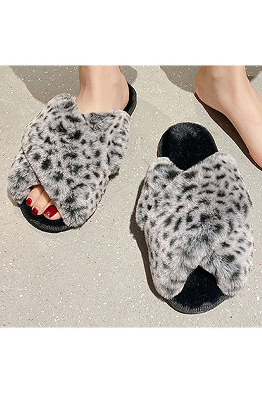 STYLED BY ALX COUTURE MIAMI BOUTIQUE Black Leopard Strap Open Fluffy Slippers