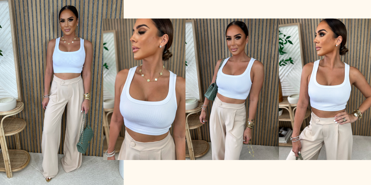 Basic clothing collection filled with basic tops for everyday wear Model is wearing a basic white ribbed tank top with taupe wide leg pants STYLED BY ALX COUTURE MIAMI BOUTIQUE 