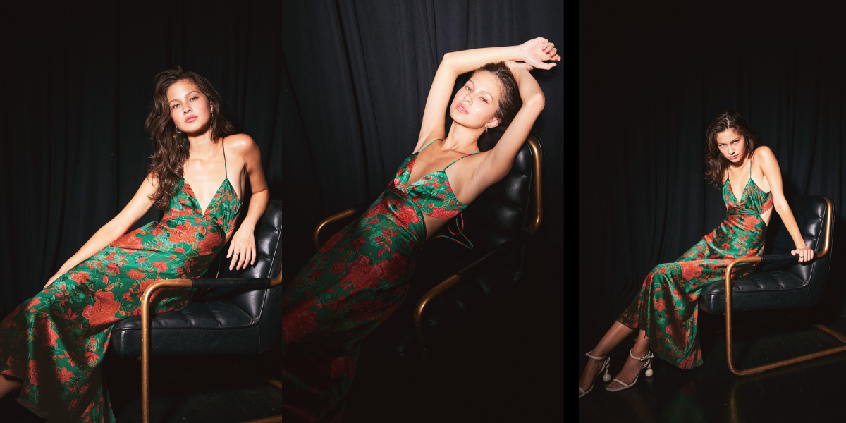 STYLED BY ALX COUTURE dress forum collection model in picture is wearing green red floral print satin ruched cup maxi dress 