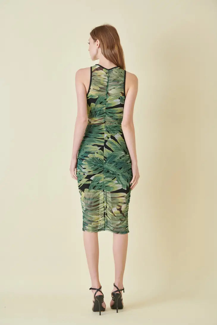 STYLED BY ALX COUTURE MIAMI BOUTIQUE Green Resort Beach Mesh Leaf Print Ruched Midi 
