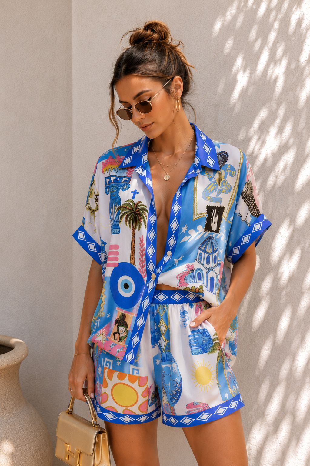 Evil Eye Button Down Shorts Set