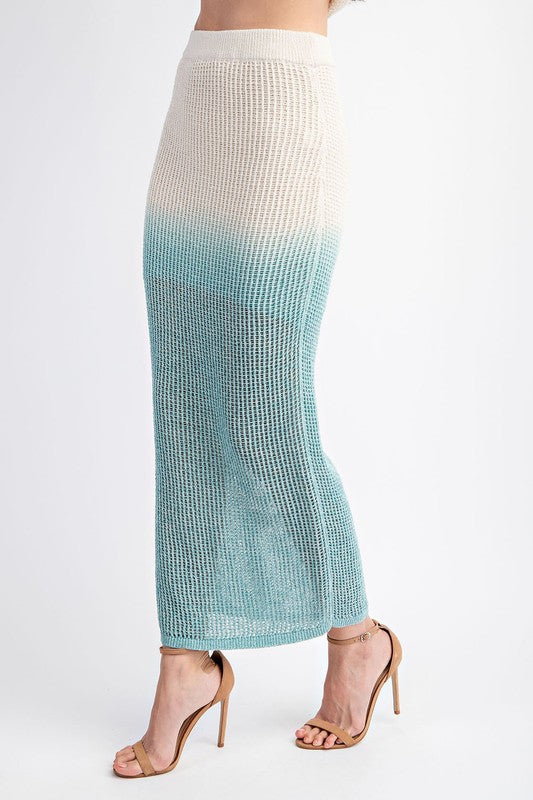 Ecru Aqua Ombre Crochet Skirt with camel heels