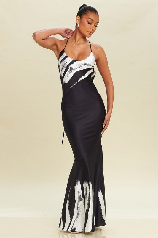 model is wearing Black Ivory Daphne Satin Gown