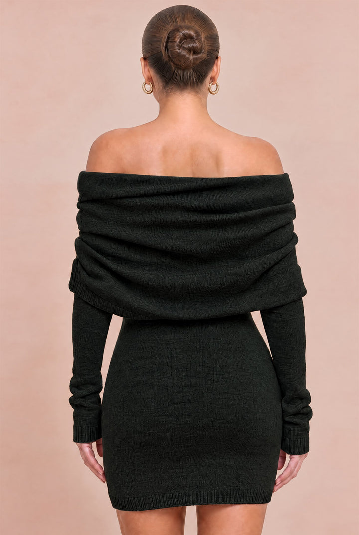Back view of Luxxel black sweater mini dress showing folded neckline and long sleeves