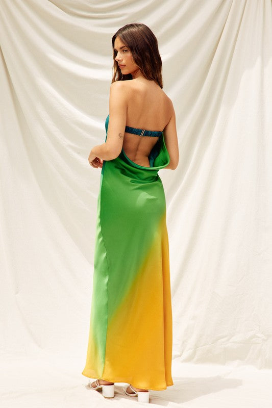 back of the Ibiza Sunset Ombre Clasp Back Maxi Dress