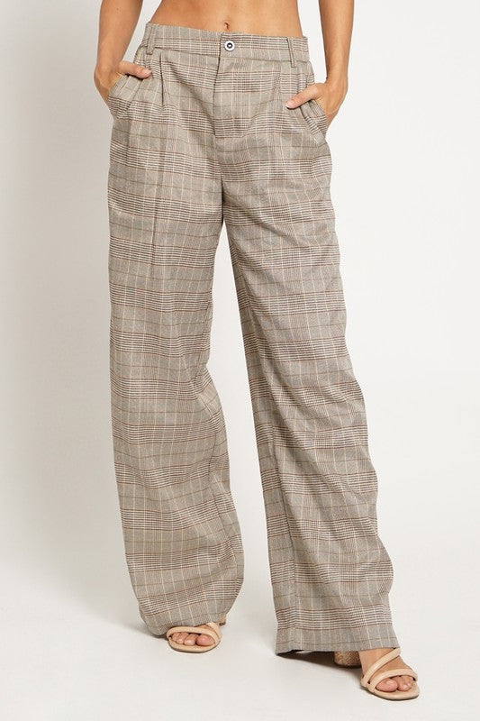 STYLED BY ALX COUTURE MIAMI BOUTIQUE Beige Burgundy Plaid Double Pleated Front Trouser 
