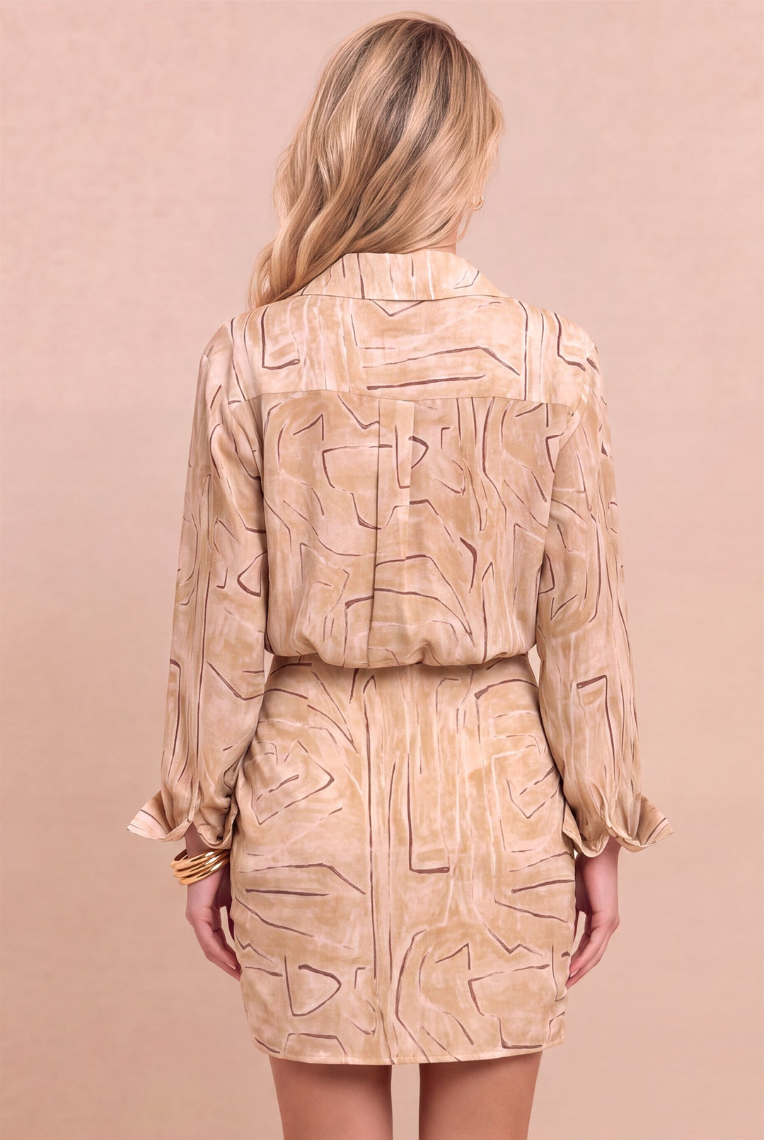 Back view of Luxxel long sleeve taupe chiffon mini shirtdress