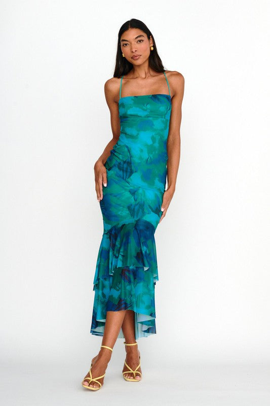 model is wearing Green Multicolor Mesh Tiered Maxi Dress with yellow heel sandals