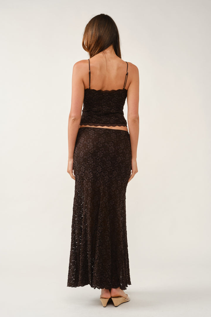 Back view of the Brown Lace Tie Front Cami worn with the matching brown floral lace maxi skirt